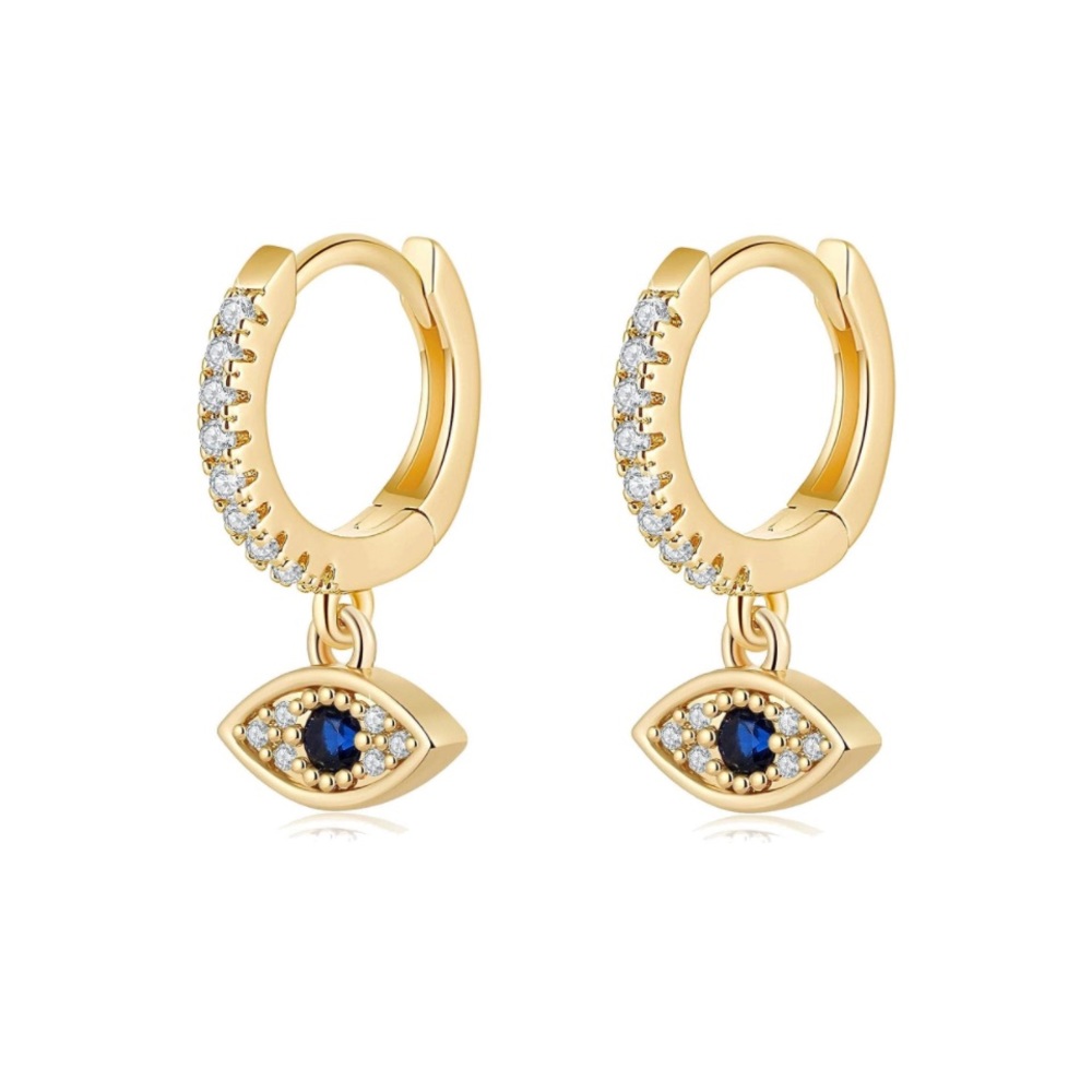 Gold Huggie Earrings with Blue Eye Charm